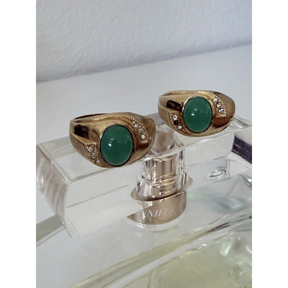 Vintage ESPO Men's 10K Gold Filled Signet Ring Set of 2 Green Cabochon Size 11.5